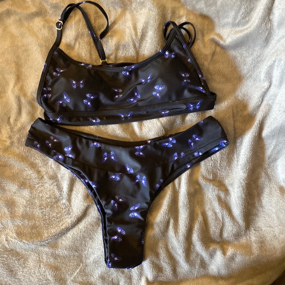Rumwe bikini, black with purple butterflies